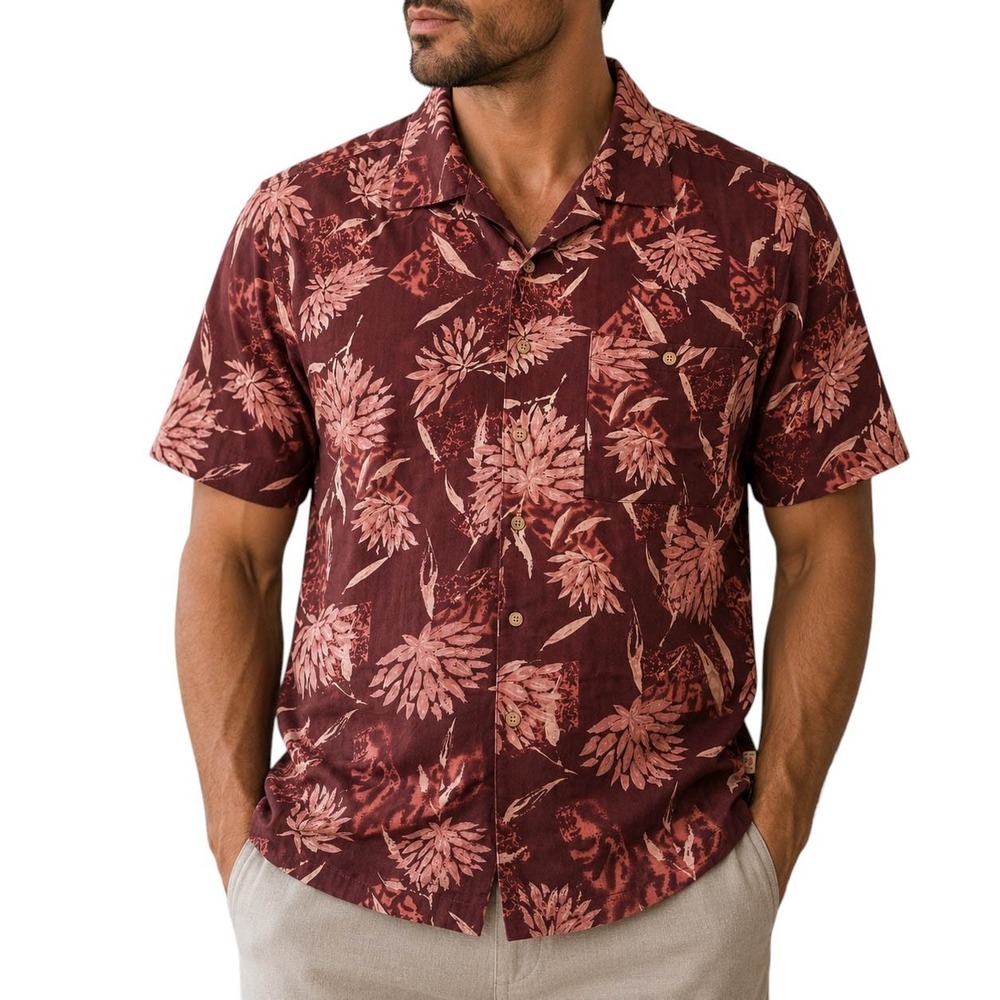 Joe Marlin Mens 2XL Burgundy Floral Tropical Rayon Blend Camp Shirt Short Sleeve